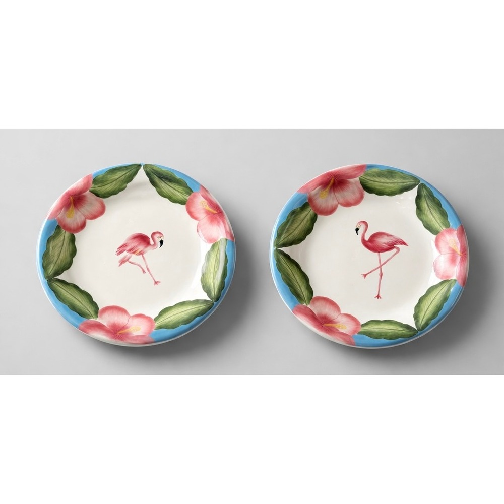 J. Willfred Leslie Sattler South Beach Flamingo Hibiscus Plates Set of 2 8.25"
